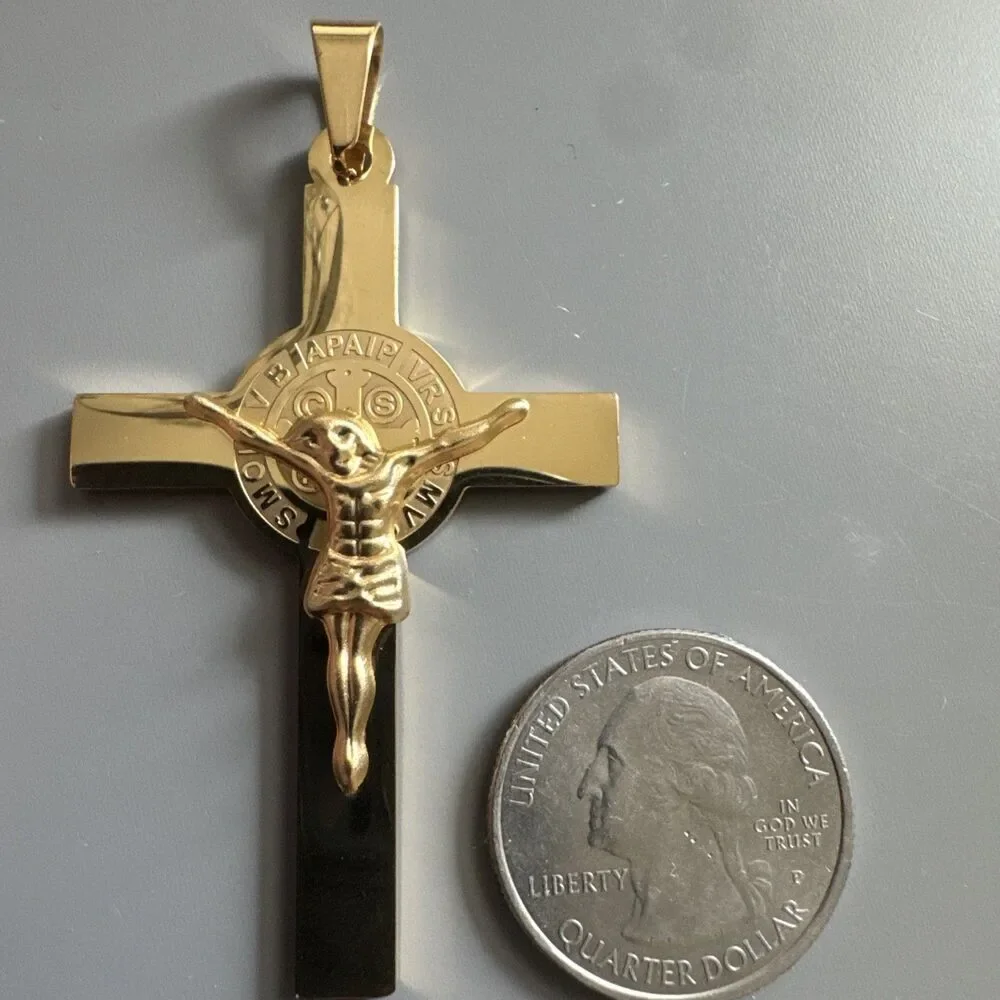 Gold Tone Cross Jesus Pendant 24” Chain Christ Stainless Steel Catholic Gift